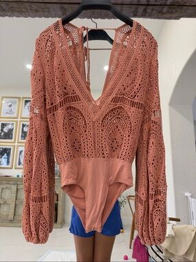 Jen's Pirate Booty Terracotta Crochet V-Neck Long Sleeve Bodysuit